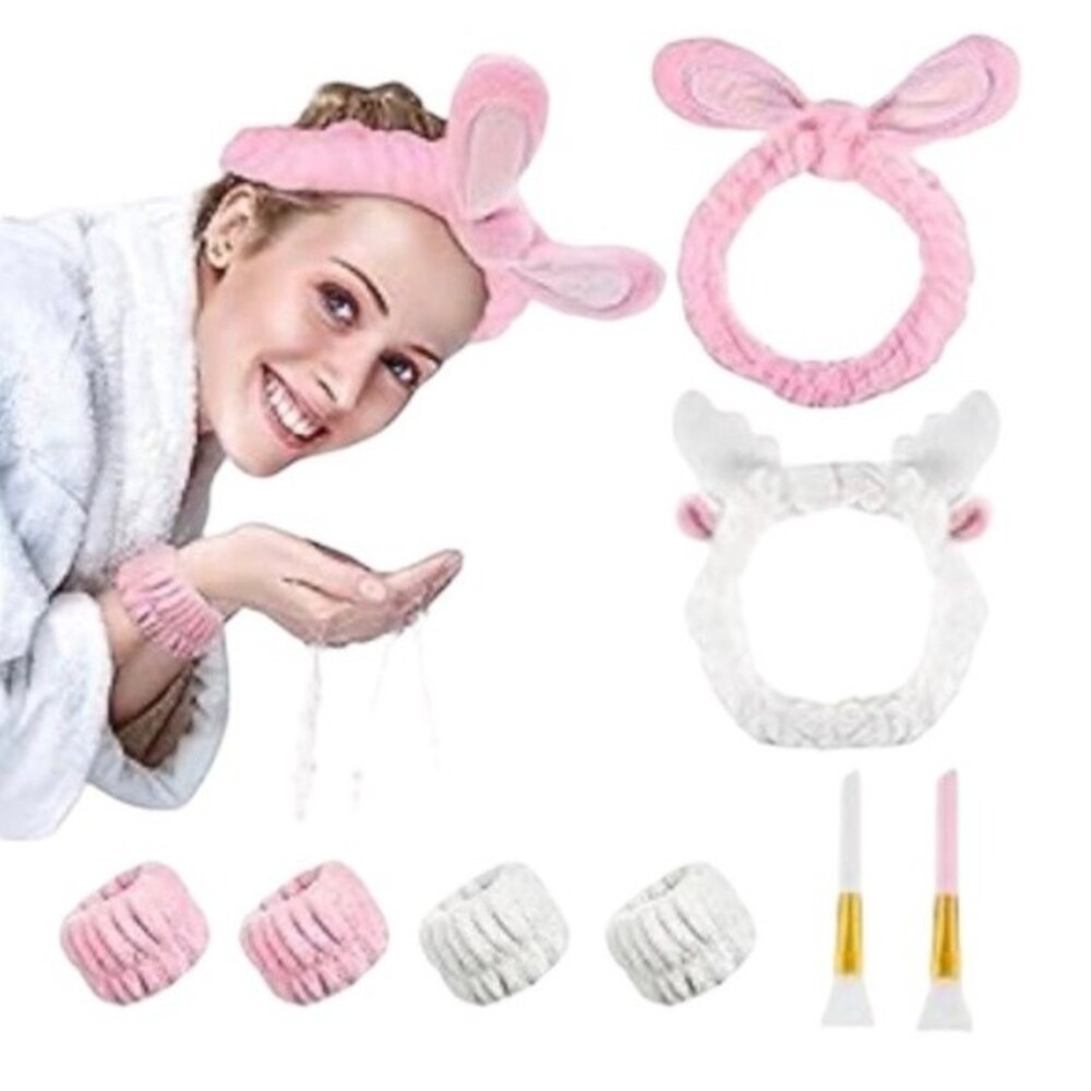 Animal Headband Pink White Face Cute Spa Headbands Makeup Spatula Wristbands B3